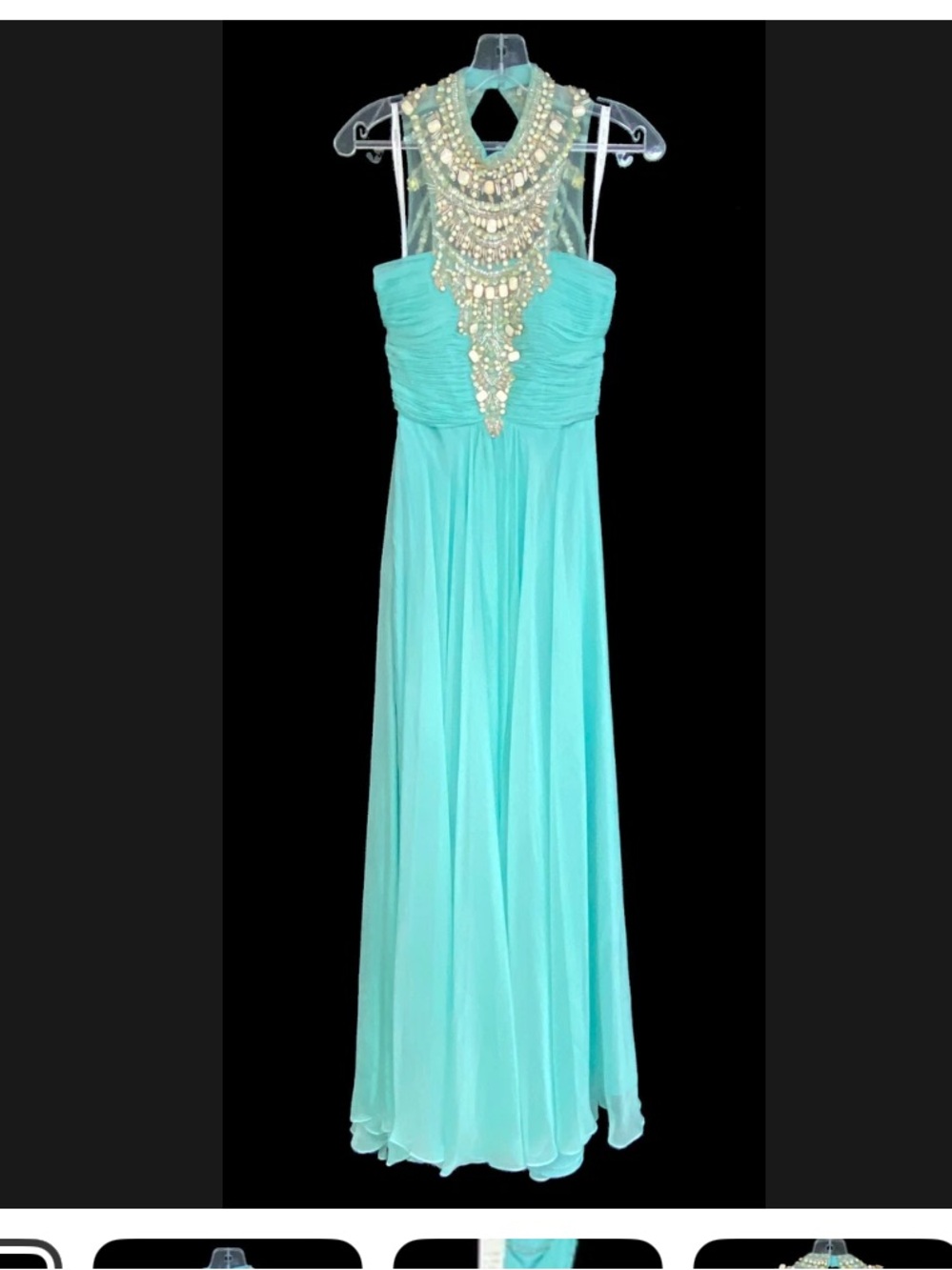 Womens Rachel Allan Aqua Mint Dress Chiffon Jeweled Neckline Size 6